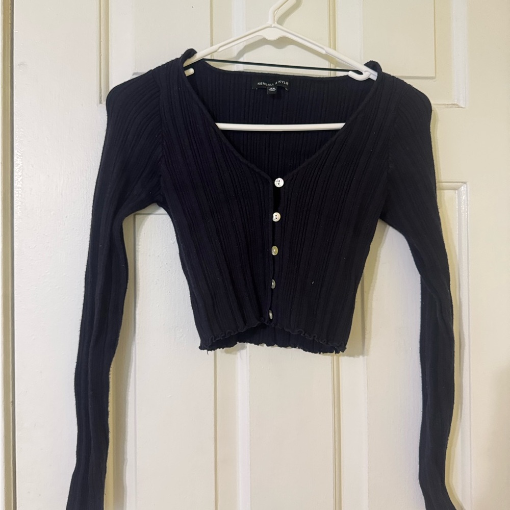 Kendall & Kylie Black Ribbed Button-Down Top